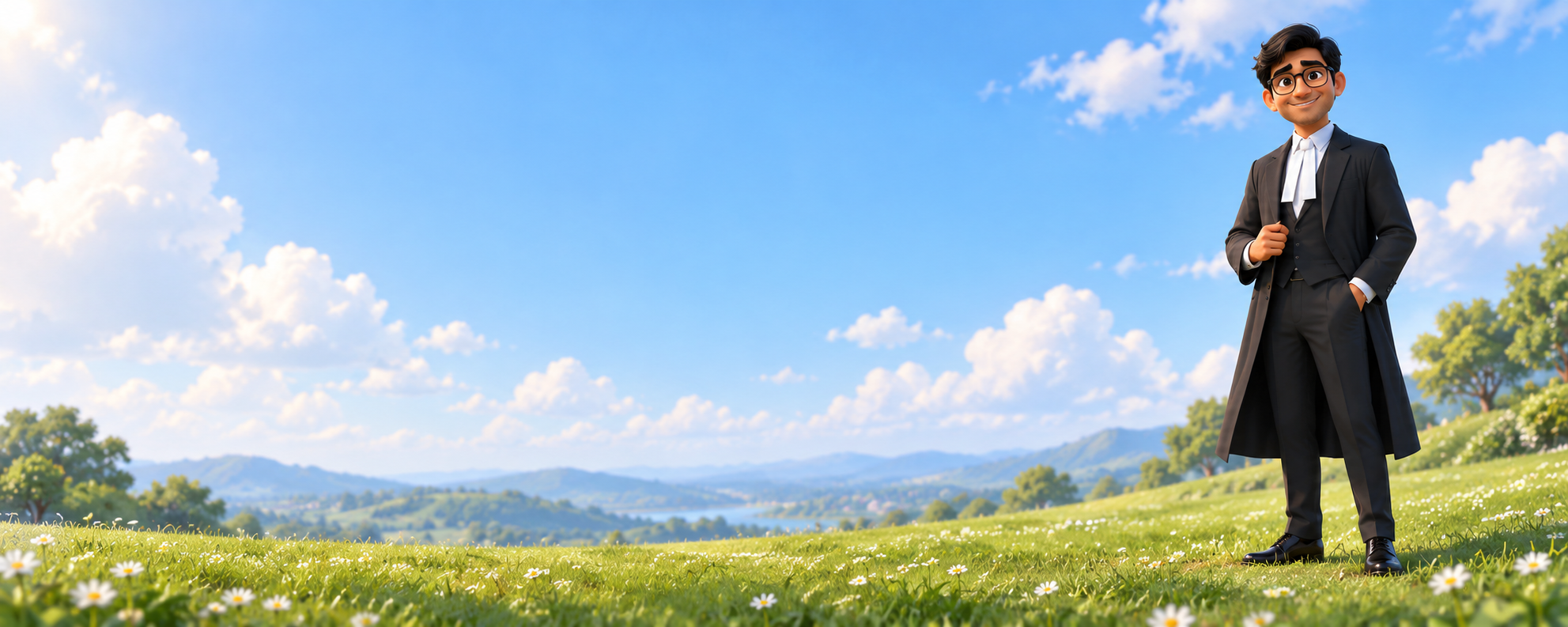 A young lawyer in a black coat stands in a sunny meadow full of daisies